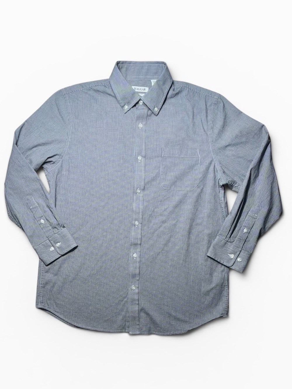 Haggar Slim Fit Button Down Dress Shirt 16 16.5 32/33 Blue Gingham NWOT